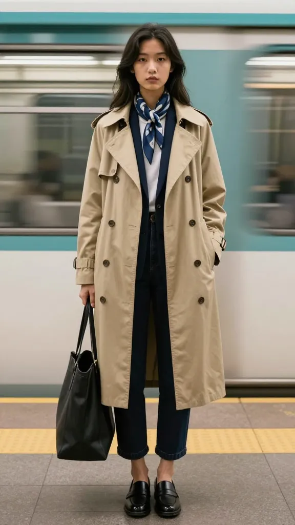 A subway platform scene featuring a shopper in a layered look: thin tee, structured blazer, and a weatherproof trench, with a scarf peeking out and a blurred train in motion behind.