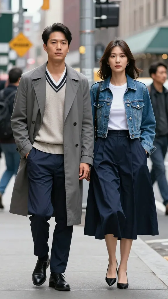 A fashion-forward couple on a busy Manhattan street corner: man in a V-neck knit, blazer, and long trench; woman in a fitted tee layered with a short denim jacket and a sleek trench, both looking poised as pedestrians pass.