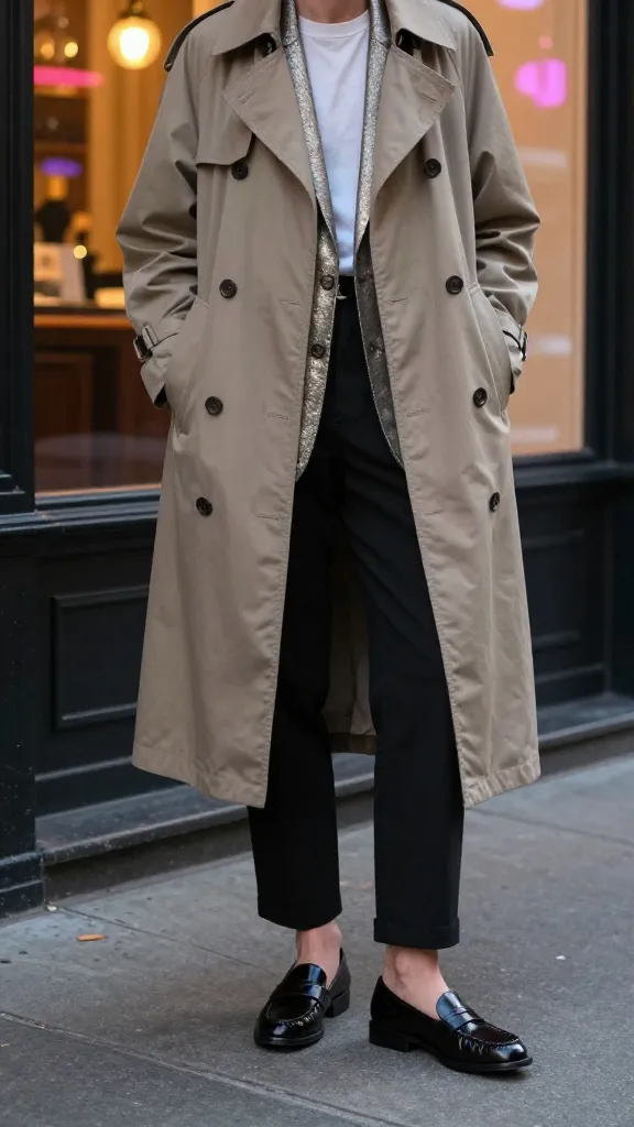 An evening scene in a neighborhood like SoHo: a person wearing a lightweight tee beneath a metallic blazer, paired with a weatherproof trench and polished loafers, with chic storefronts and neon reflections.