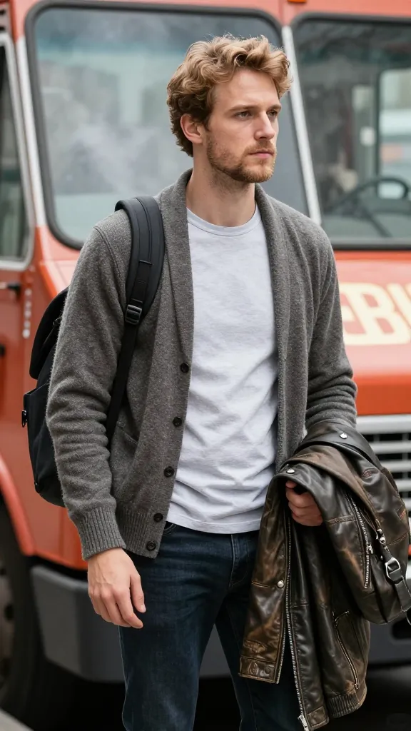 A candid shot of a backpacker-style NYC look: versatile base tee, mid-layer cardigan, and a rugged leather jacket plus a compact zippered trench, standing by a food truck with steam and city noise.