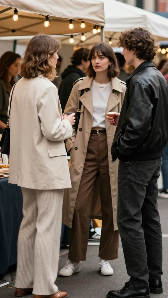 A street market backdrop with diverse outfits: someone in a soft knit under a blazer, another in a lightweight tee with a cropped trench, and a third in a sleek leather jacket, all interacting near stalls and string lights.