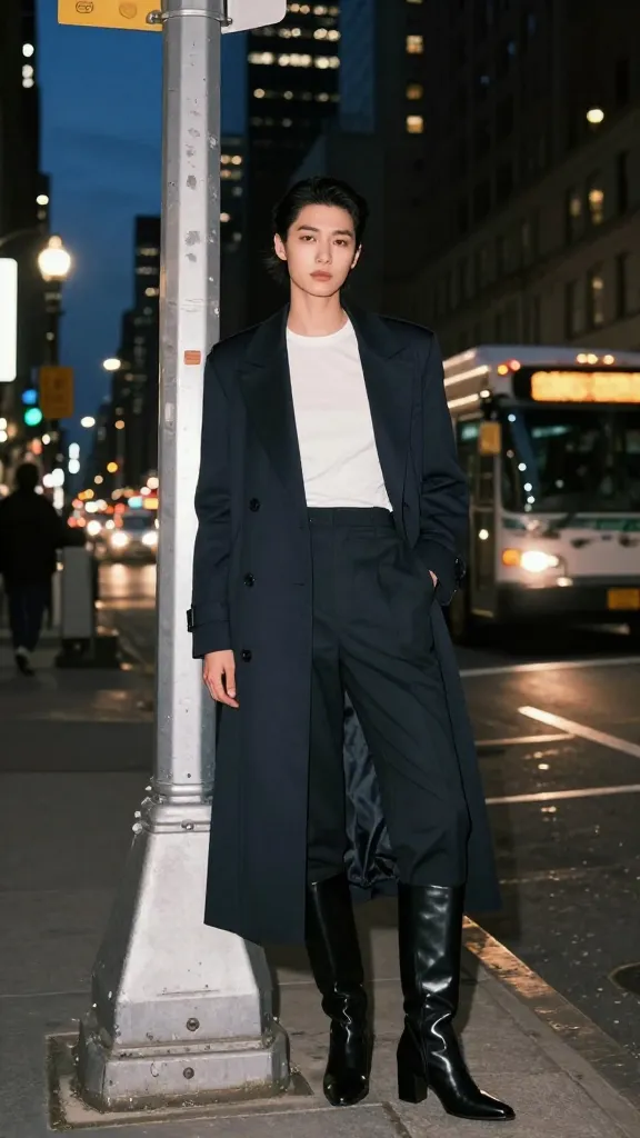 A night-out inspired NYC ensemble: person in a fitted tee, tailored blazer, and a long sleek trench, paired with statement boots, standing under a streetlamp with skyscraper silhouettes and busyness blurred in the background.