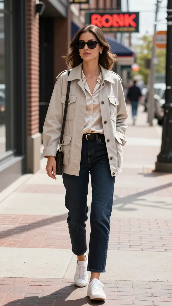 A stylish Nashville street scene with a woman wearing a lightweight utility jacket over a silk blouse, dark straight-leg jeans, white sneakers, carrying a small crossbody bag, and sunglasses on a sunny day by a brick-lined avenue with neon signs in the background.
