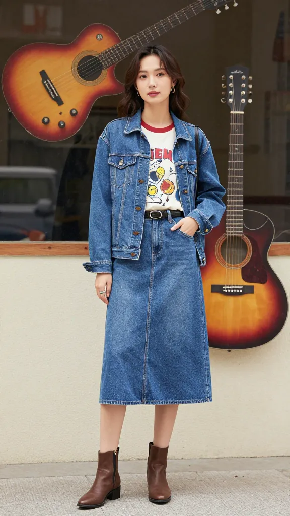 A layered outfit shot: a denim jacket over a graphic retro tee, a midi denim skirt, ankle boots, and a slim belt, standing outside a vintage music venue with guitar-inspired signage.