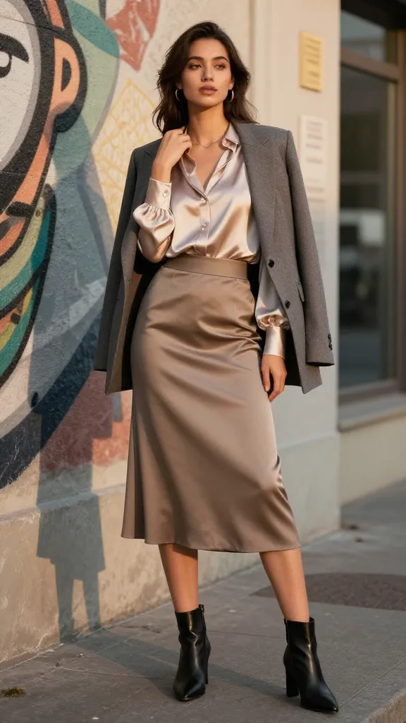 A city-chic look: a flowy satin blouse tucked into a high-waisted midi skirt, heeled ankle boots, and a structured blazer draped over the shoulders, posed near an urban mural with soft golden hour lighting.