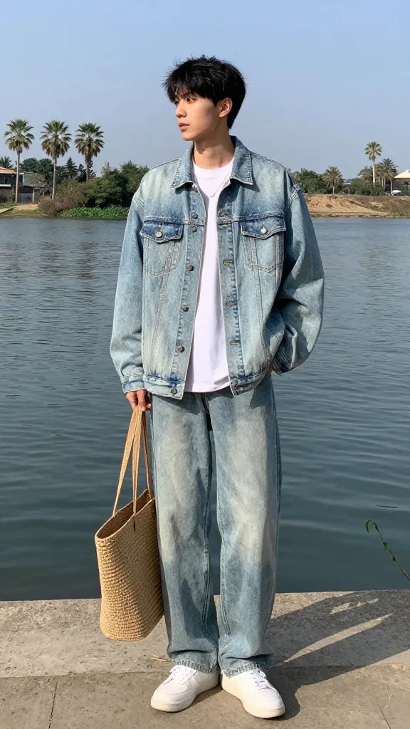 A daytime riverfront scene: a light wash denim jacket, white tee, relaxed-fit light-wash jeans, white sneakers, and a straw tote, with palm trees and the river in the background.