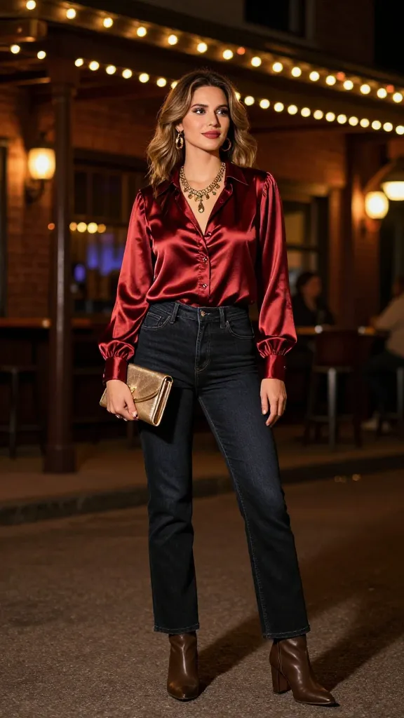Night honky-tonk vibe: a silky blouse, dark straight-leg jeans, heeled boots, statement jewelry, and a clutch, standing under string lights outside a classic Nashville bar.