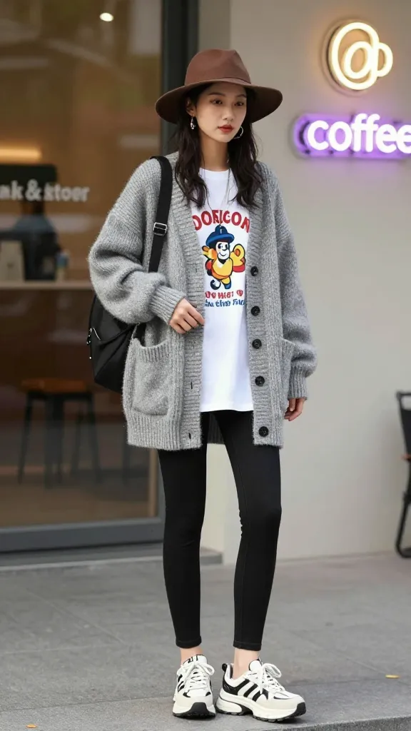 A casual-cool streetwear-inspired look: oversized cardigan over a graphic tee, black leggings or skinny jeans, chunky sneakers, and a wide-brim hat, posed near a coffee shop with neon signage.