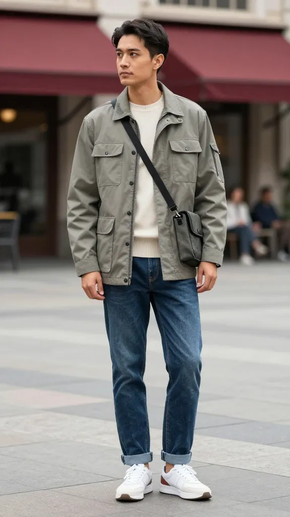A versatile travel outfit: a lightweight utility jacket layered over a ribbed knit top, tapered jeans, low-profile sneakers, and a crossbody bag, photographed at a city square with awnings.