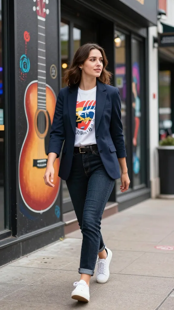 A daytime gig-friendly outfit: a fitted blazer over a graphic tee, dark denim jeans, white sneakers, and a belt bag, shown walking past a row of music venues with guitar-themed street art.