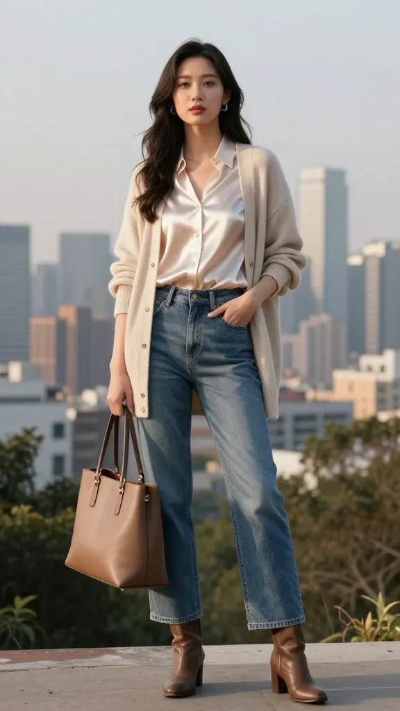A versatile evening-to-day transition look: a light cardigan over a satin blouse, relaxed-fit jeans, heeled boots, and a structured tote, standing at a scenic overlook with city skyline in the distance.