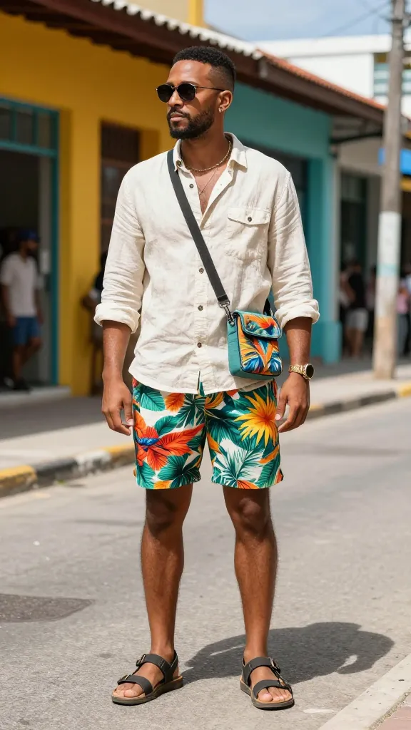 A sunlit street in Jamaica with a stylish traveler wearing a lightweight linen button-up, breathable cotton shorts with bold tropical print, waterproof sandals, and a small crossbody bag, vibrant storefronts in the background.