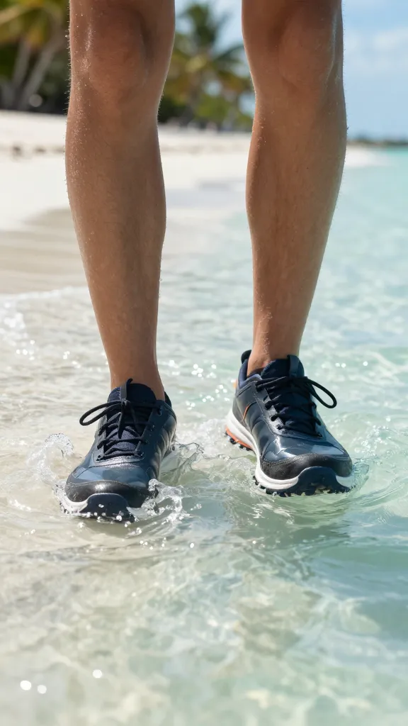 Close-up of a traveler’s feet stepping through shallow turquoise water in waterproof sneakers, sun rays glinting, with sandy shore and palm fronds blurred in the distance.