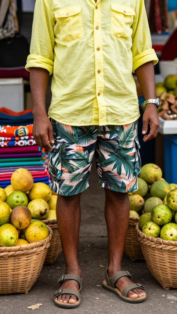 A lively market scene with a traveler in a bright, breathable cotton shirt rolled at the sleeves, utility-pocket shorts with a tropical pattern, and sturdy sandals, baskets of fruit and colorful fabrics around.