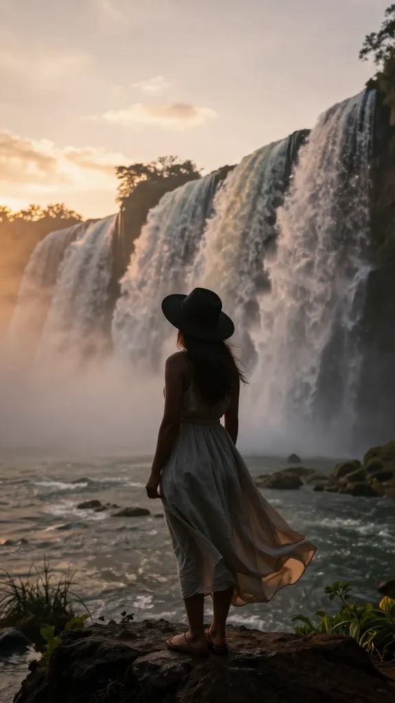 A sunset silhouette of a traveler wearing a flowy linen dress or lightweight skirt, wide-brim hat, and flat sandals, standing by cascading waterfalls with mist in the air.