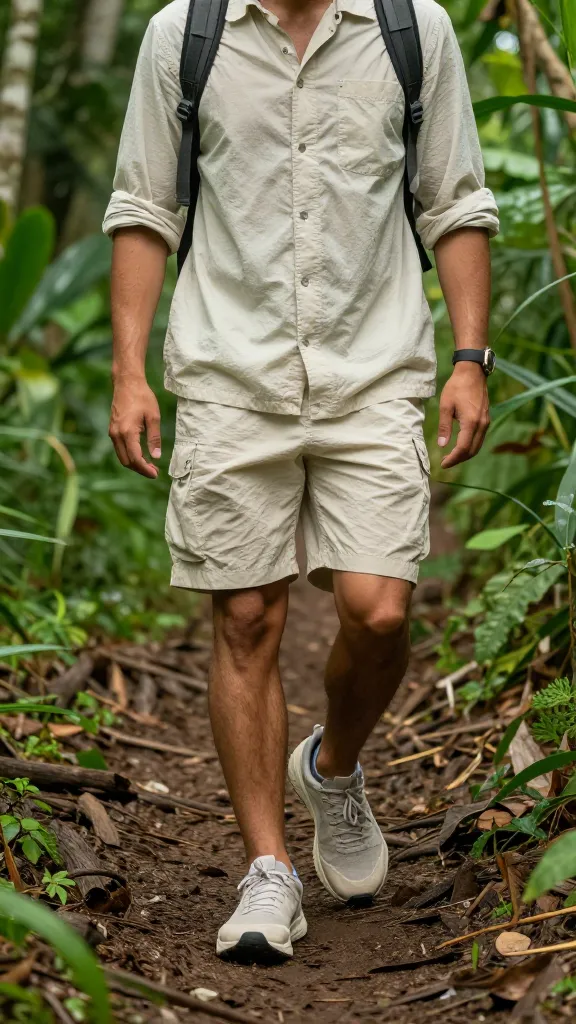 A candid shot of a traveler hiking a tropical trail in lightweight, breathable fabric outfit, rolled sleeves, breathable sneakers, and a small backpack amid lush greenery.