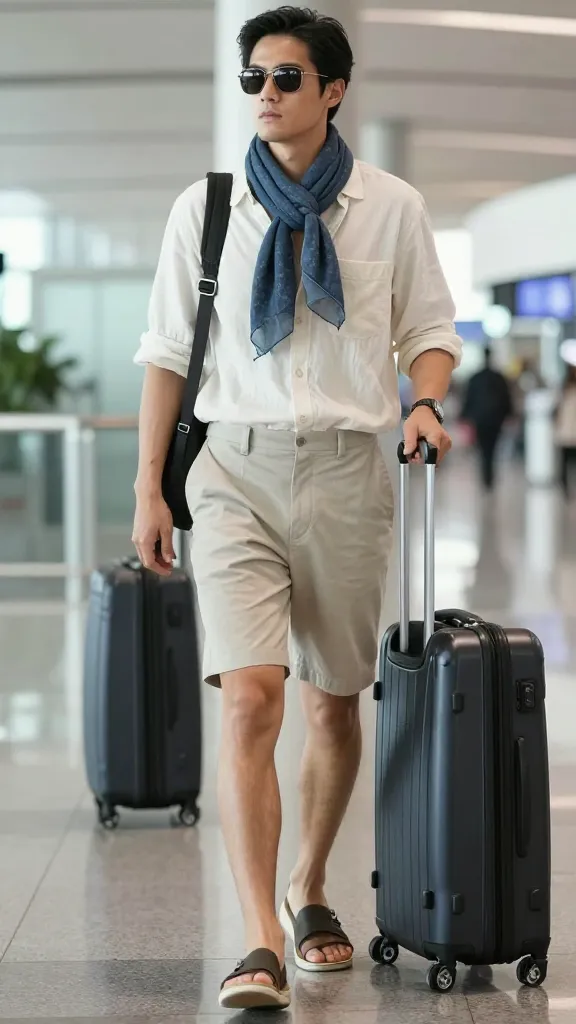 A stylish airport-to-destination montage: traveler in a light cotton button-up, tailored shorts, slip-on waterproof sandals, and a compact travel scarf, luggage in the background.