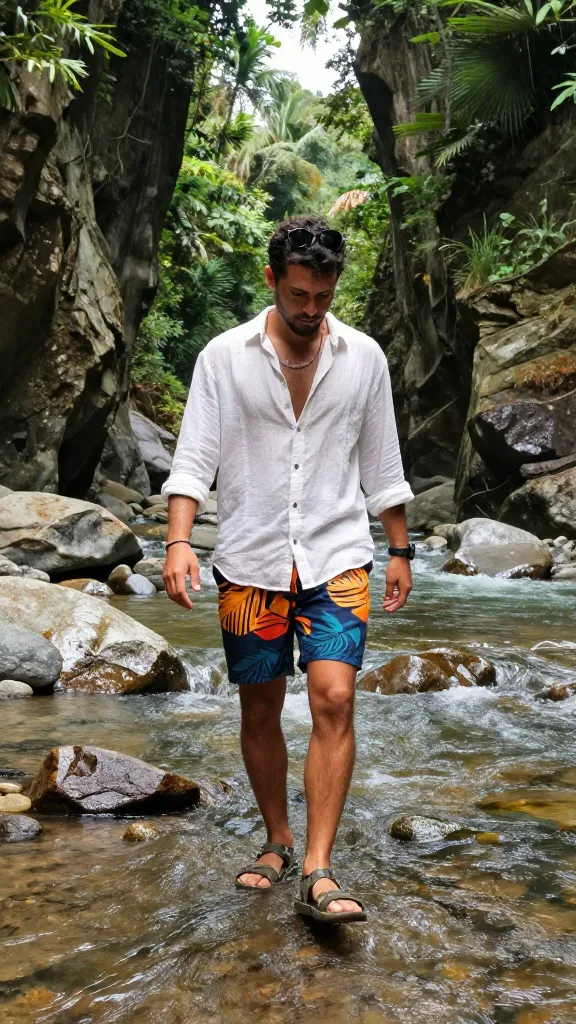 A tropical riverside canyon with a traveler crossing shallow water in sturdy sandals, breathable fabric shorts with bold print, and a lightweight, airy button-up, river rocks sparkling around.