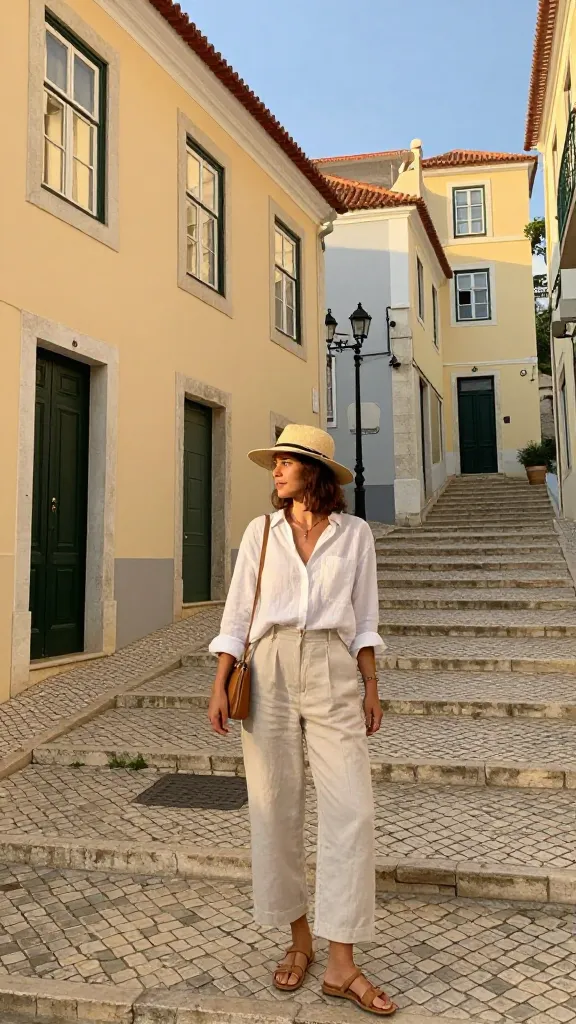 A sunlit Lisbon hillside street with pastel-colored buildings, a woman in a white linen shirt, light beige linen trousers, straw hat, and tan sandals, carrying a small crossbody bag, cobblestone steps in the background, warm golden hour light.