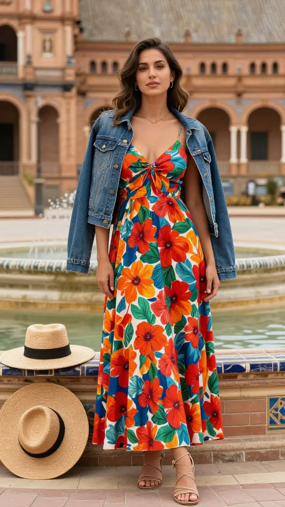 Seville plaza scene featuring a flowy maxi dress with a bold floral print, denim jacket draped over shoulders, strappy sandals, wide-brim straw hat resting nearby, terracotta walls and tiled fountain in the background.
