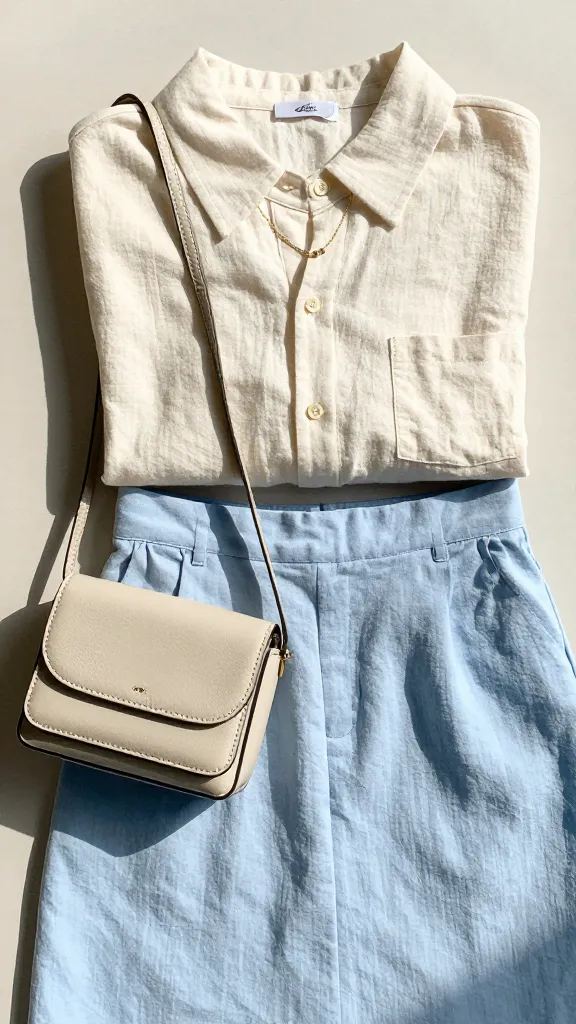Close-up shot of a travel-ready outfit: cream linen shirt folded neatly over a light-blue midi skirt, delicate gold jewelry, compact crossbody bag, breathable fabric texture emphasized against a sunlit wall.