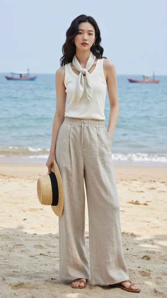 Beach-to-street ensemble: wide-leg linen trousers, light tank top, open-toe sandals, a lightweight scarf tied at the neck, straw hat in hand, seascape and fishing boats in the distance.