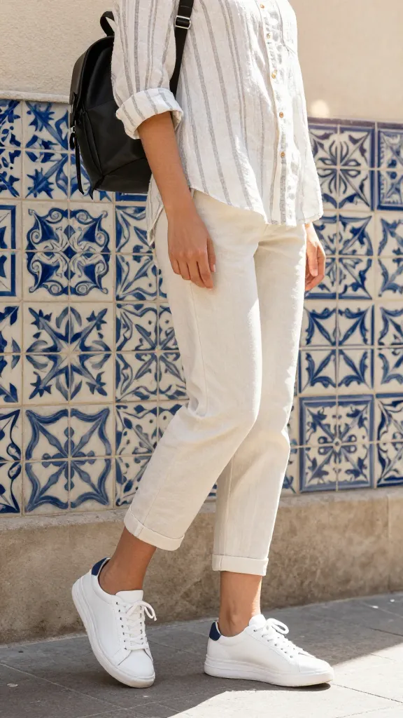 City-hopping sneakers + light layers: woman wearing a breathable striped linen shirt, cropped trousers, white sneakers, and a small backpack, modern azulejo tile wall as backdrop, sun glare.