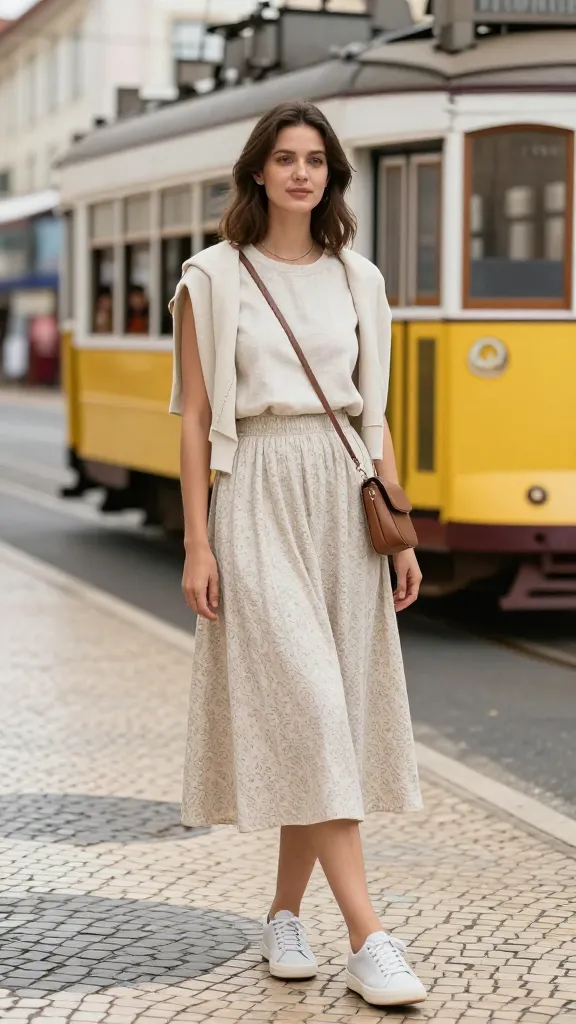Lisbon tram stop style: outfit featuring a sleeveless linen top, midi skirt with a subtle pattern, cardigan tied around the shoulders, comfortable sneakers, crossbody bag, classic tram cars and tiled pavement in the scene.