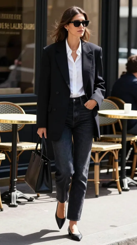 A sunlit Paris street scene with a woman wearing a tailored black blazer over a crisp white button-down, dark-wash jeans, and pointed flats, carrying a structured tote as she strides past café tables.