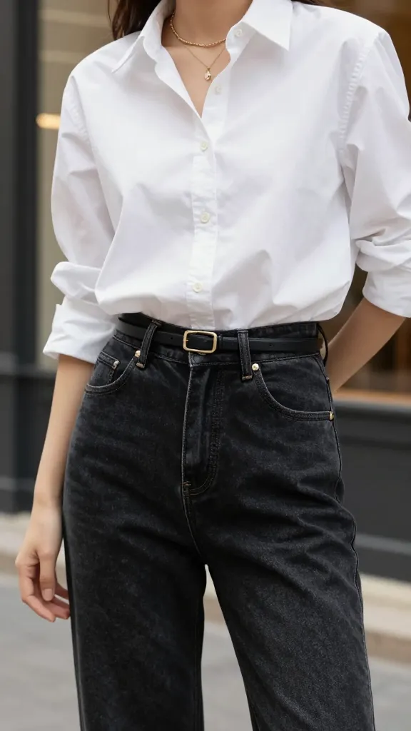 Close-up of a white button-down shirt being tucked into high-waisted dark-wash jeans, with a slim leather belt and delicate gold jewelry on a blurred Parisian storefront background.