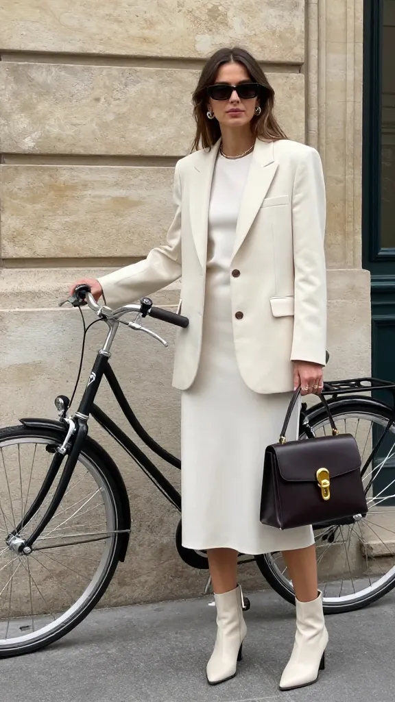 A chic Parisian woman in a cream tailored blazer over a minimalist dress, ankle boots, and a bold statement handbag, standing beside a vintage bicycle by a stone building.