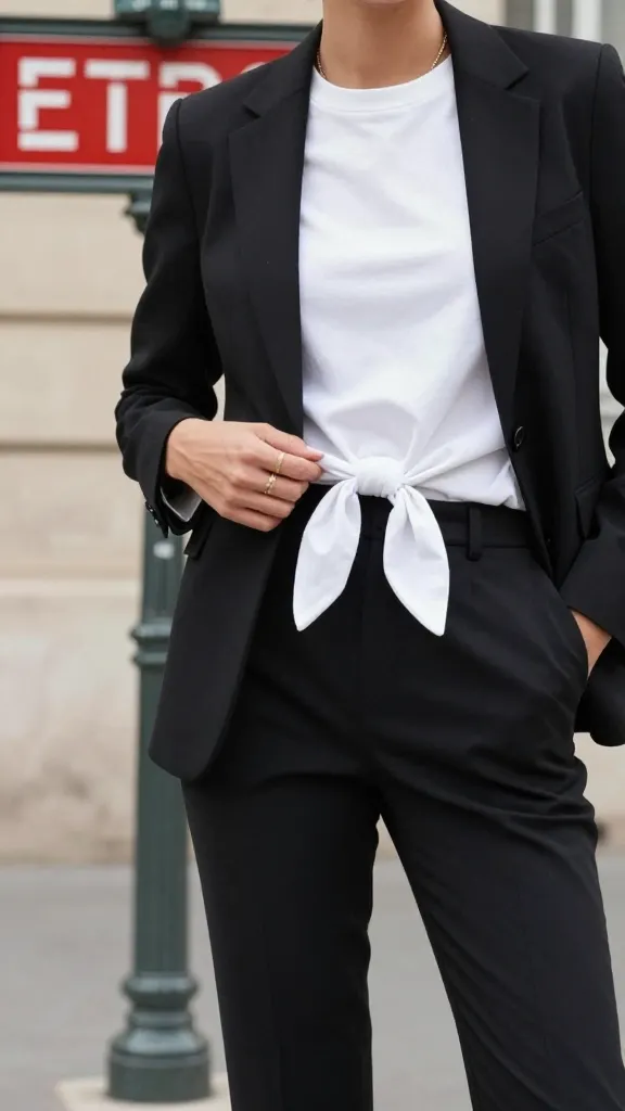 A stylish Parisian-at-heart street tableau: a person in a black blazer, white tee, and tailored trousers, converting to a knot-tied white shirt over the look, with a classic Parisian metro sign in the background.