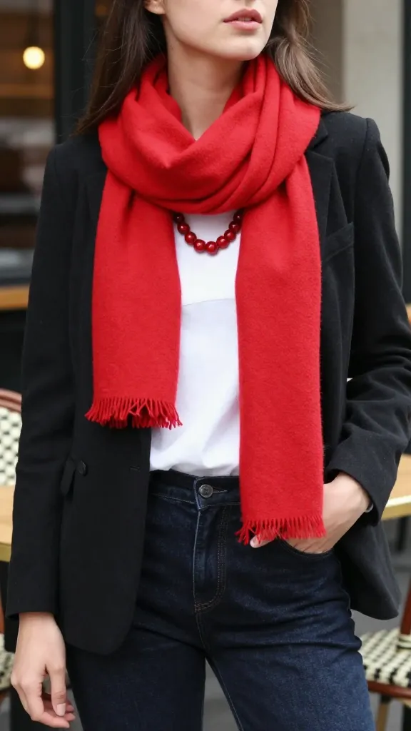 A candid shot of a model in a single, striking accessory item (red scarf or statement necklace) paired with timeless basics (black blazer, white shirt, dark jeans) against a café terrace.