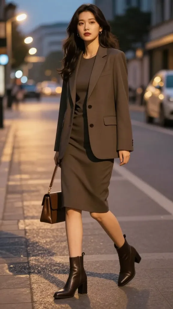 A dusk street scene with a woman in a knee-length dress layered under a fitted blazer, heeled ankle boots, and a chic handbag, warm streetlights casting long shadows.