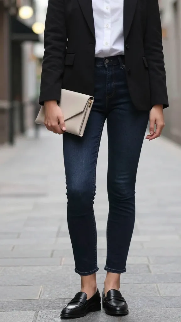 An urban alleyway shot featuring a person in a black blazer, white button-down, and slim dark jeans, holding a minimalist clutch and wearing loafers, with soft bokeh lights.