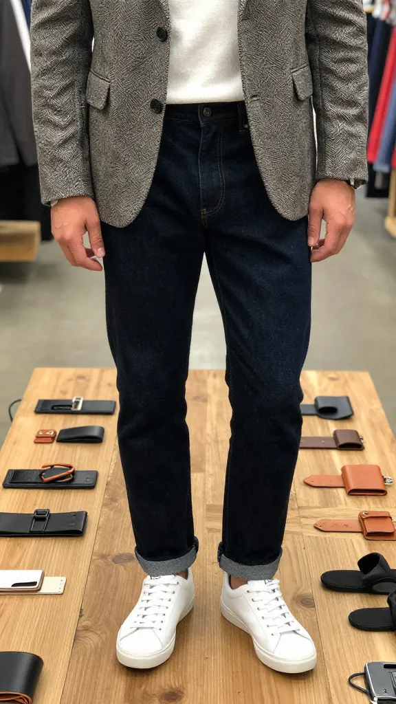 A market-side scene with a model in a tailored blazer over a lightweight knit, dark jeans, and white sneakers, various small leather accessories spread on a wooden table.