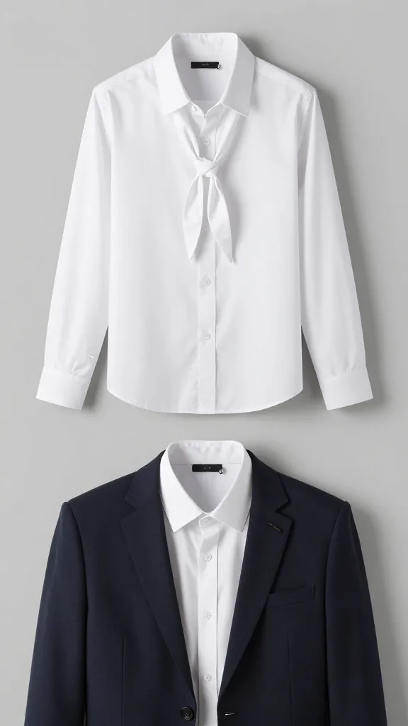 A studio-like composition showing three layering options: (a) white shirt with knot, (b) white shirt tucked, (c) white shirt under a blazer with statement earrings, all arranged on minimalist props against a neutral backdrop.
