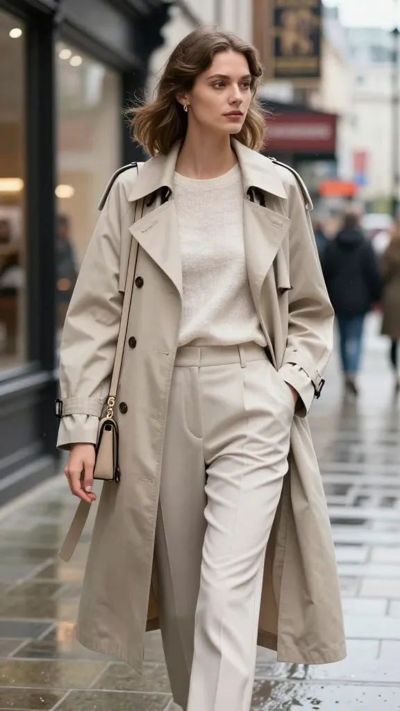 A stylish city street scene in London with a model wearing a lightweight trench coat over a breathable linen-blend top and tailored trousers, carrying a small crossbody bag, morning drizzle and sunlit storefronts in the background.