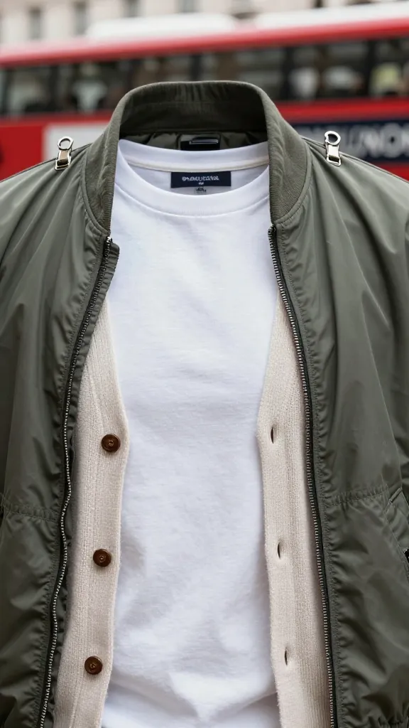 Close-up shot of a versatile outfit layering: a breathable cotton tee, a light cardigan, and a water-resistant bomber jacket clipped over the shoulders, with a blurred iconic London bus in the background.