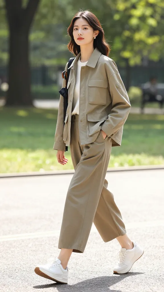 A model strolling through a sunny Hyde Park path, wearing a utility jacket, cropped wide-leg trousers, and white sneakers, holding a compact umbrella tucked under one arm.