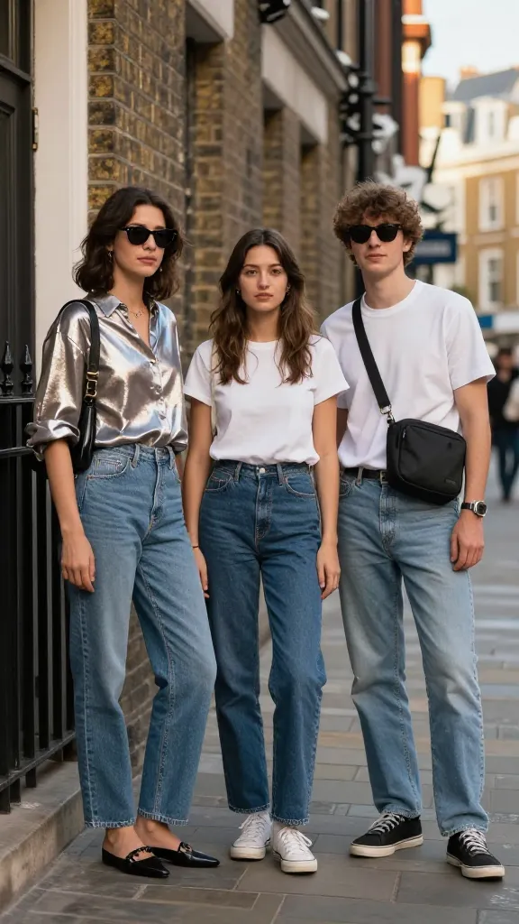 Street-style trio: a metallic mac, a simple tee, and jeans, with a crossbody bag and sunglasses, standing against a brick London building with a hint of afternoon sun.