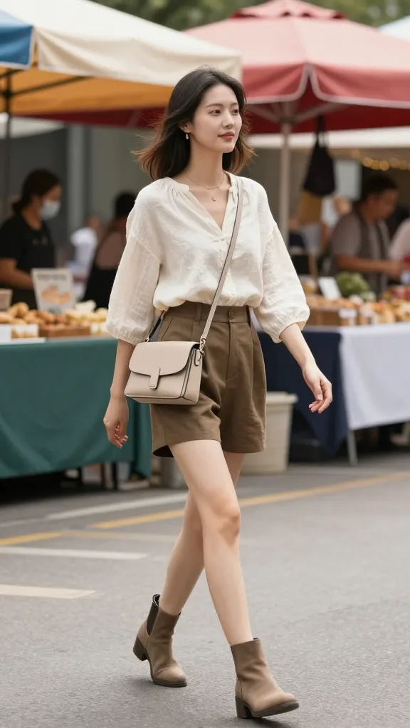 Weekend market vibe: crossbody bag, linen-blend blouse, high-waisted shorts or skirt, and ankle boots, walking past food stalls with colorful awnings.