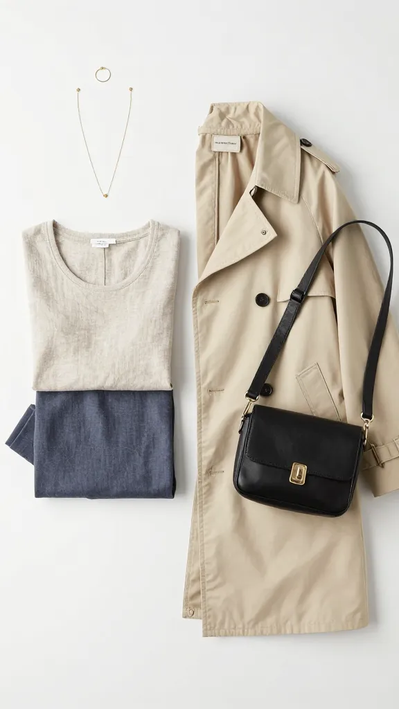 Layered-essentials flat lay: breathable tops (linen/cotton), a lightweight trench, a chic utility jacket, a crossbody bag, and minimal jewelry arranged on a clean background.