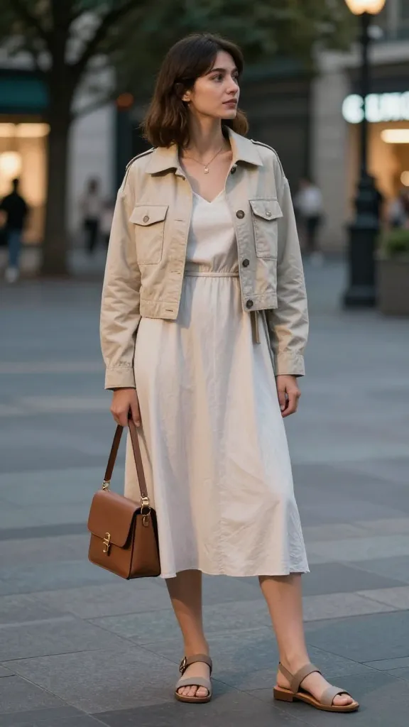 Evening transition look: a breezy midi dress topped with a light cardigan and a cropped utility jacket, paired with comfortable sandals and a compact bag, at a shaded city square.