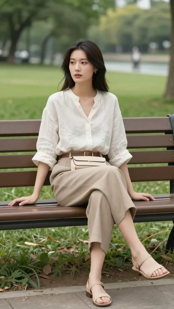 Park-ready chic: a linen blouse, high-waisted culottes, a slim belt bag, and beige sandals, seated on a park bench with greenery and a hint of river or canal in the distance.