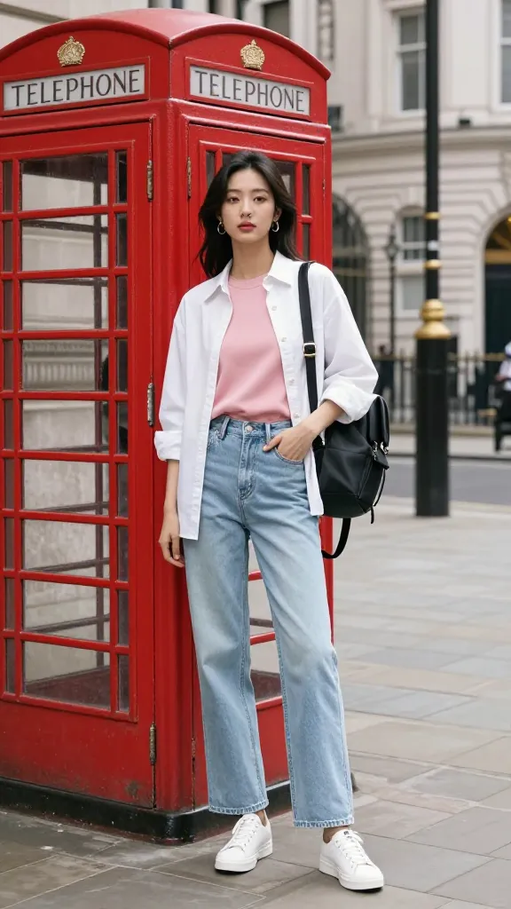 Photo-ready cityscape ensemble: a crisp mac over a pastel top and pristine jeans, with a minimal backpack or crossbody, near a classic London red phone booth and cobblestone street.