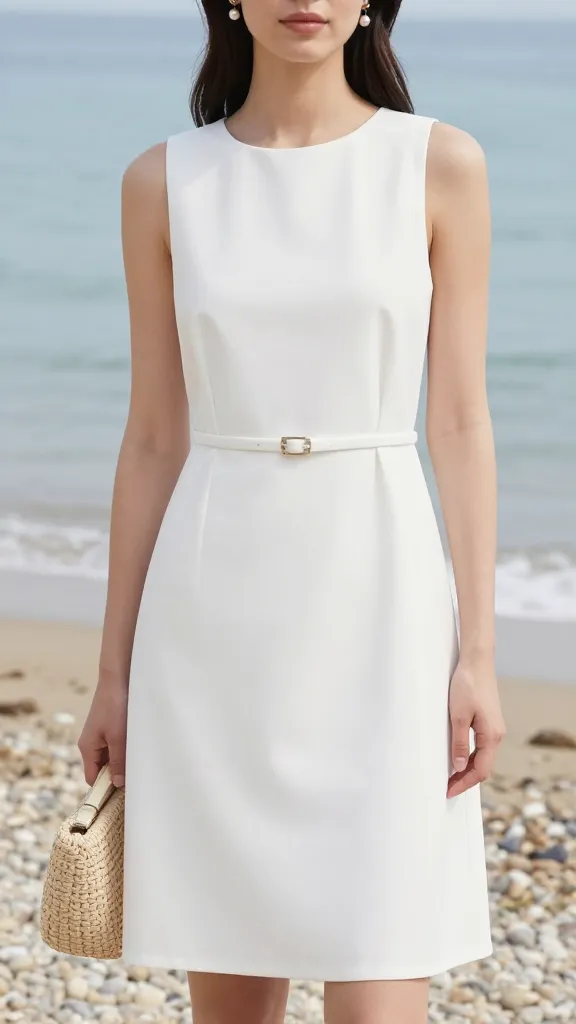 Close-up of a minimalist all-white ensemble: white sundress with clean lines, thin belt at the waist, dainty pearl earrings, and a woven clutch, sandy beach pebbles and blurred Mediterranean water in the background.