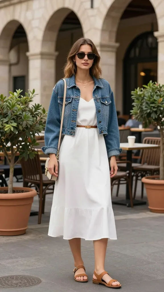 A fashionably casual Piazza scene: white slip dress with a thin belt, cropped denim jacket, flat leather sandals, crossbody bag, and a coffee at an outdoor cafe, stone arches and potted plants around.