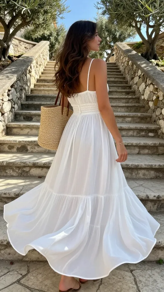 An Italian White Dress Look selfie moment: back view showing a flowing white maxi dress, wind catching the skirt, delicate anklet, straw tote on one shoulder, sunlit stone stairs and olive trees.