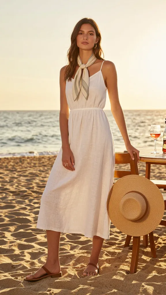 A beachside Aperitivo setup: white linen midi dress with a light scarf tied at the neck, flat sandals, wide-brimmed hat on chair, small glass of Aperol nearby, warm golden hour glow on sea horizon.